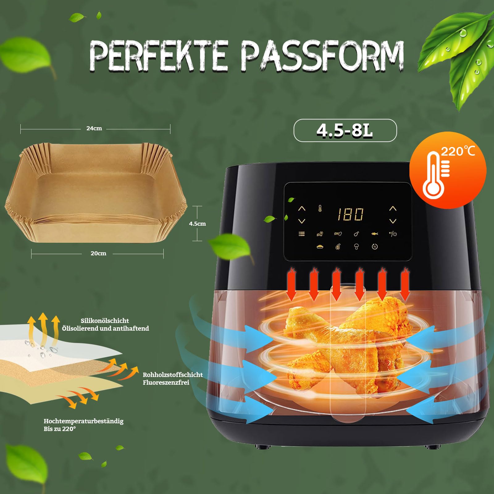 Backpapier für Heißluftfritteuse 4,5L-8L 110 Stück Airfryer Backpapier 20-24cm Für Philips Russell Tefal COSORI Midea XL XXL heißluftfritteuse(Hot Air Fryer)